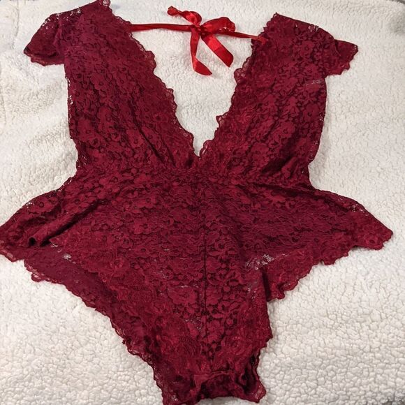 Other - 2/$30 LG burgundy lace teddy with crotch snaps
